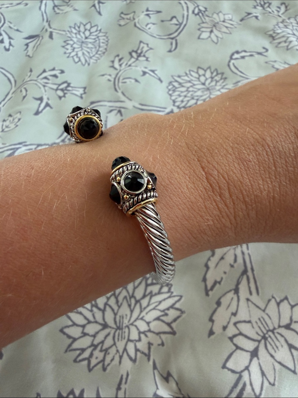 Sterling Silver Black Stone Open Cuff Bracelet and Ring Set